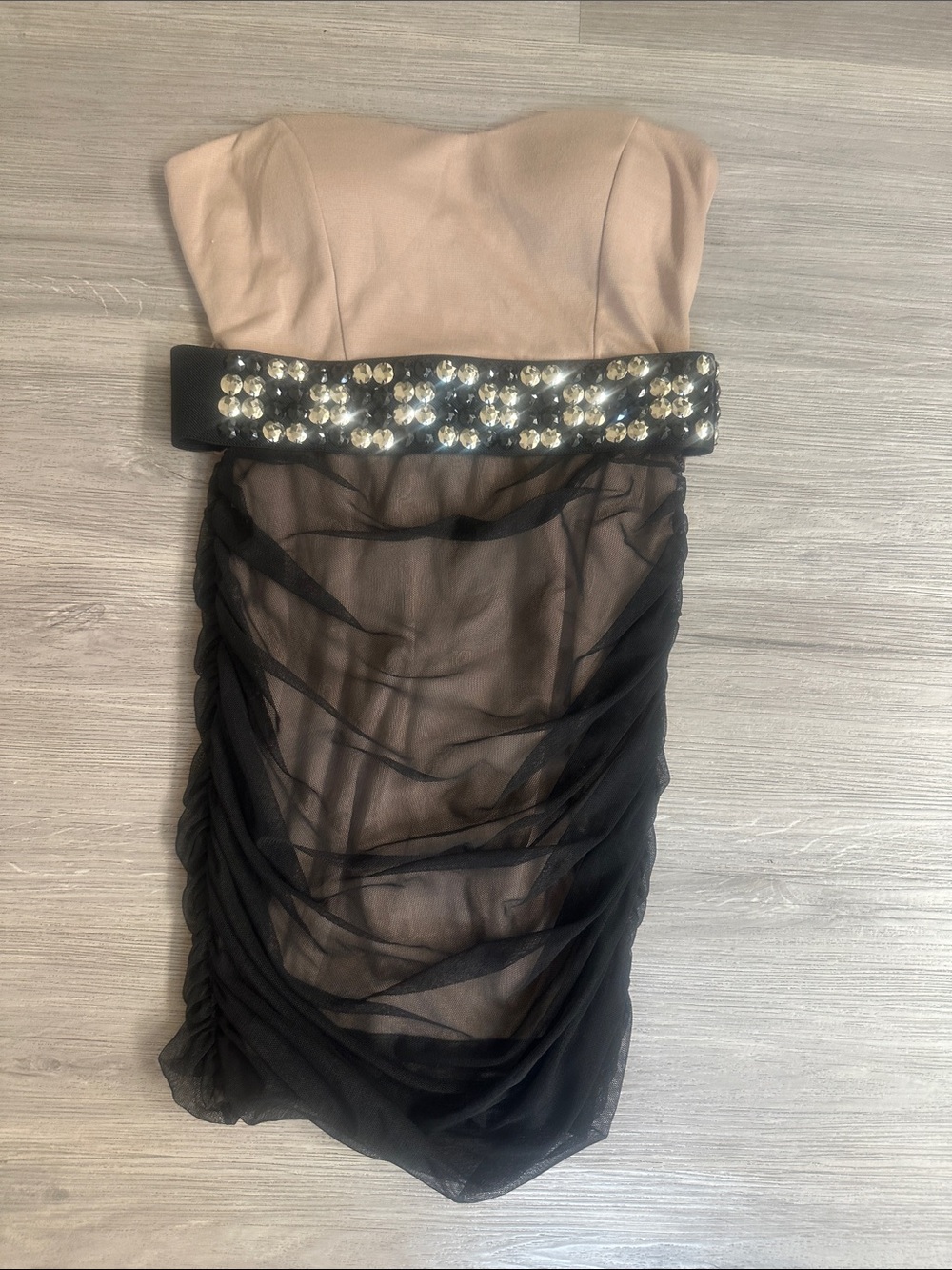 Arden B Strapless Nude Bodice with Black Sheer Skirt and Jeweled Waist